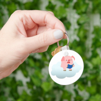 Cute Cartoon Pig Reader on Cloud Keychain