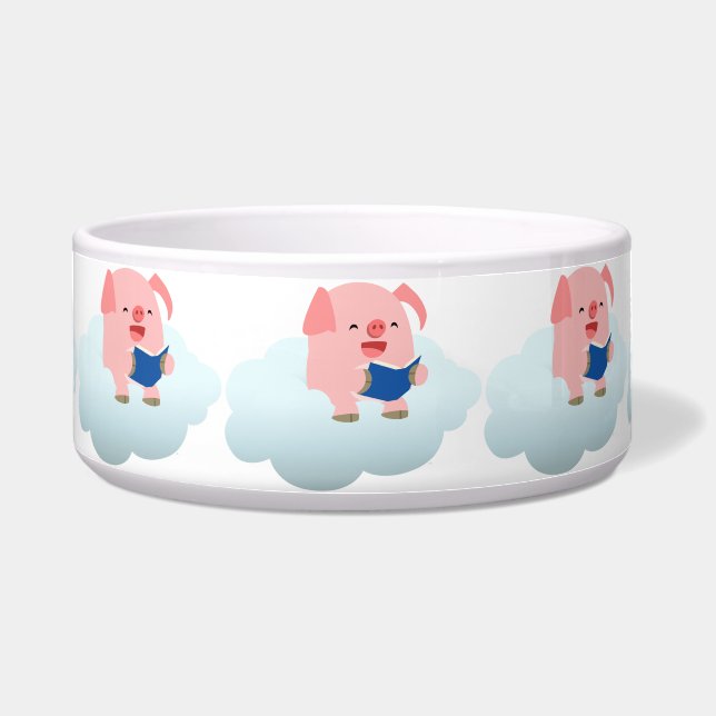 Cute Cartoon Pig Reader on Cloud Pet Bowl (Front)