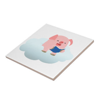 Cute Cartoon Pig Reader on Cloud Tile