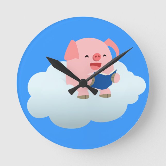 Cute Cartoon Pig Reader on Cloud Wall Clock (Front)
