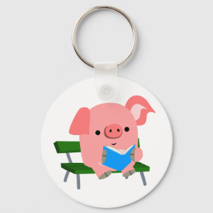 Cute Cartoon Pig Reading on a Bench Keychain