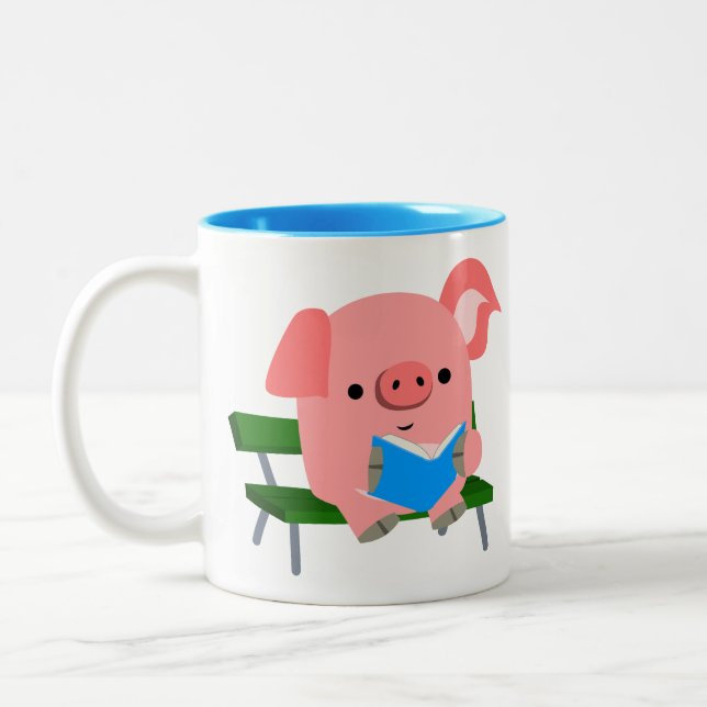 Cute Cartoon Pig Reading on a Bench Mug (Left)