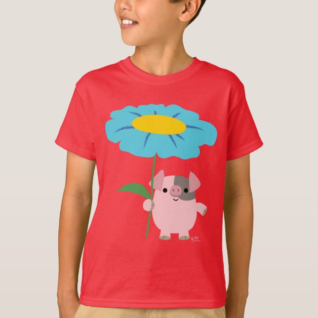 Cute Cartoon Pig With Gift (Blue) Children T-Shirt (Front)