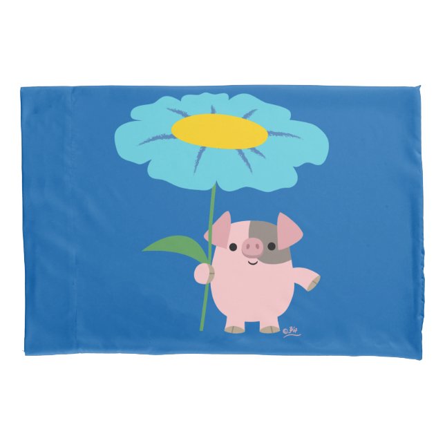 Cute Cartoon Pig With Gift (Blue) Pillowcase (Front)