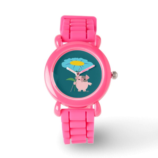 Cute Cartoon Pig With Gift (Blue) Watch (Front)