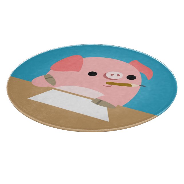 Cute Cartoon Pig "Writer's Block" Cutting Board (Corner)