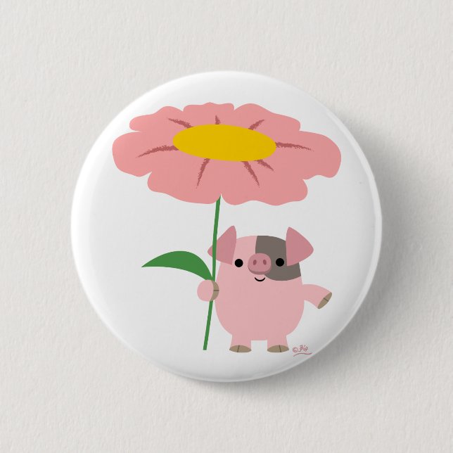 Cute Cartoon Piglet With Gift (Pink) Button Badge (Front)