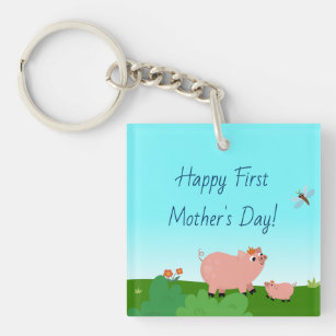 Cute Cartoon Pigs Happy First Mother's Day Key Ring