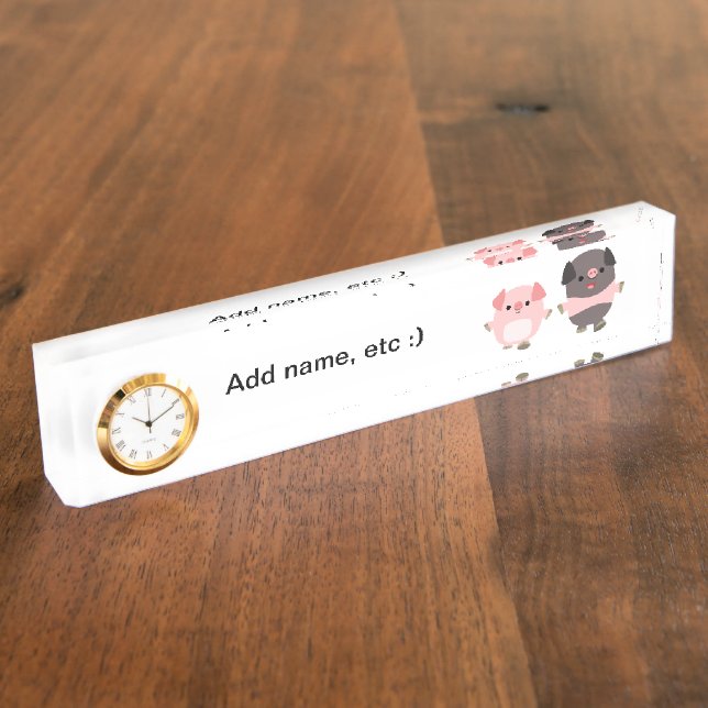 Cute Cartoon Pigs On a Walk Clock Desk Nameplate (Side)
