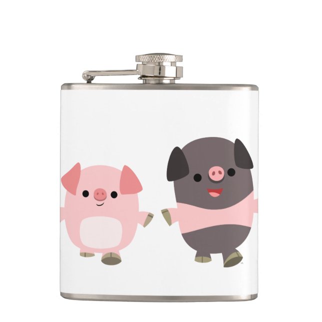 Cute Cartoon Pigs On a Walk Hip Flask (Front)