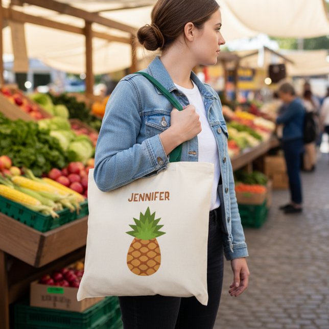 Cute Cartoon Pineapple Tote with Name Bag (Personalized pineapple reusable grocery bag.)