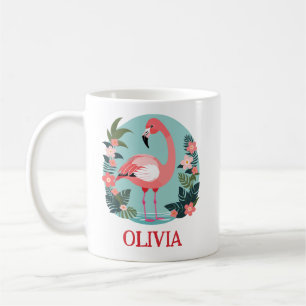 Cute Cartoon Pink Flamingo and Flowers Coffee Mug