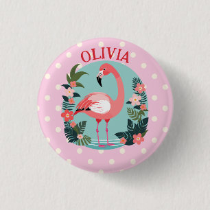 Cute Cartoon Pink Floral Flamingo with Polka Dots 3 Cm Round Badge