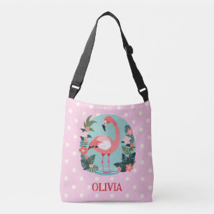 Cute Cartoon Pink Floral Flamingo with Polka Dots Crossbody Bag