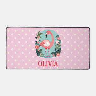 Cute Cartoon Pink Floral Flamingo with Polka Dots Desk Mat