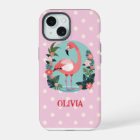 Cute Cartoon Pink Floral Flamingo with Polka Dots