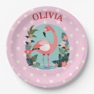 Cute Cartoon Pink Floral Flamingo with Polka Dots Paper Plate