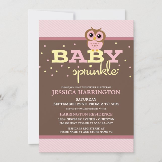 Cute Cartoon Pink Owl Baby Sprinkle Invitations (Front)