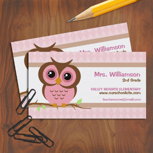 Cute Cartoon Pink Owl Teacher Contact Business Card