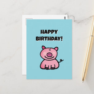 Cute Cartoon Pink Pig Happy Birthday Postcard