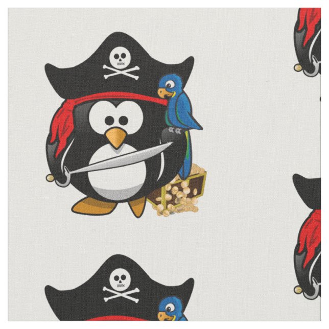 Cute Cartoon Pirate Penguin with Parrot Fabric (Close Up)