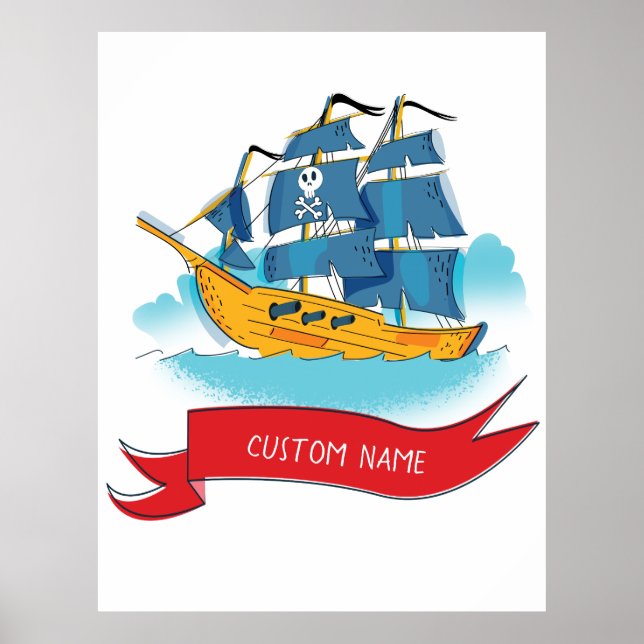 Cute Cartoon Pirate Ship Custom text Poster (Front)