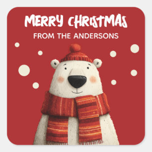 Cute Cartoon Polar Bear Red Merry Christmas from Square Sticker