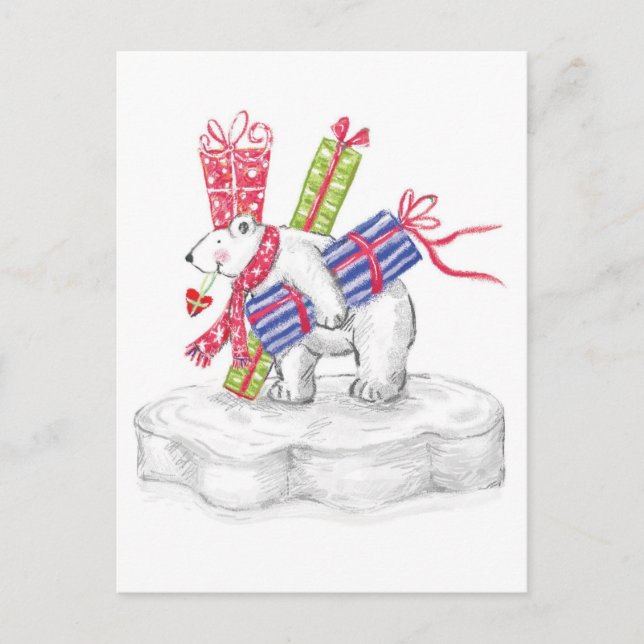 Cute Cartoon Polar Bear with Christmas Presents Holiday Postcard (Front)