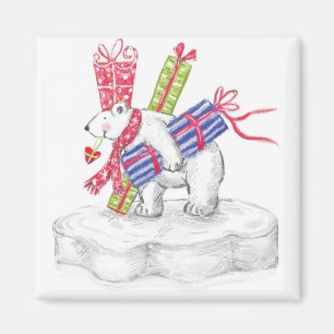 Cute Cartoon Polar Bear with Christmas Presents Magnet