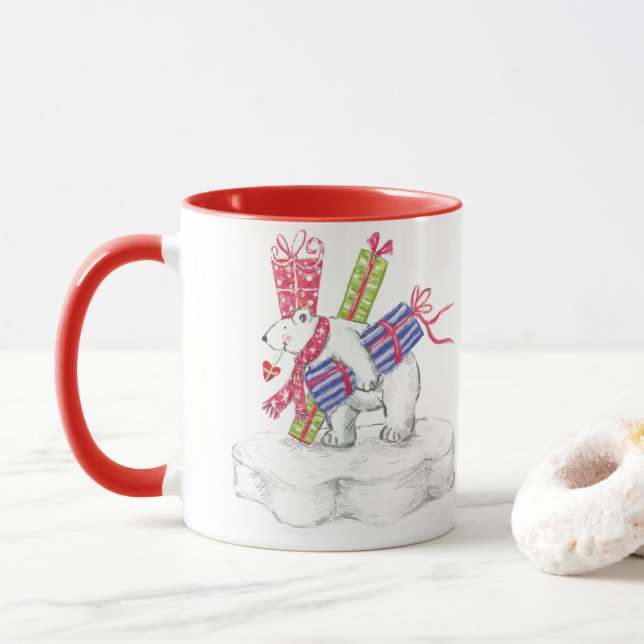 Cute Cartoon Polar Bear with Christmas Presents Mug (With Donut)