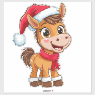 Cute Cartoon Pony in Christmas Hat and Scarf