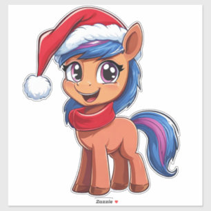 Cute Cartoon Pony in Christmas Hat and Scarf