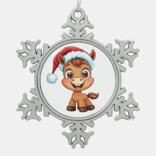 Cute Cartoon Pony in Christmas Hat and Scarf Snowflake Pewter Christmas Ornament