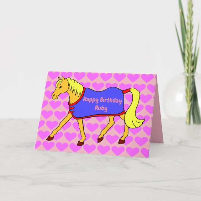 Cute Cartoon Pony with Pink Hearts Birthday Card (Front)