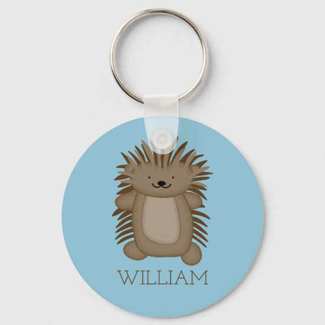 Cute Cartoon Porcupine with Your Name or Text Key Ring (Front)
