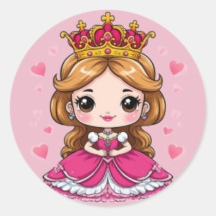 Cute Cartoon Princess in Pink Dress 👑 Classic Round Sticker