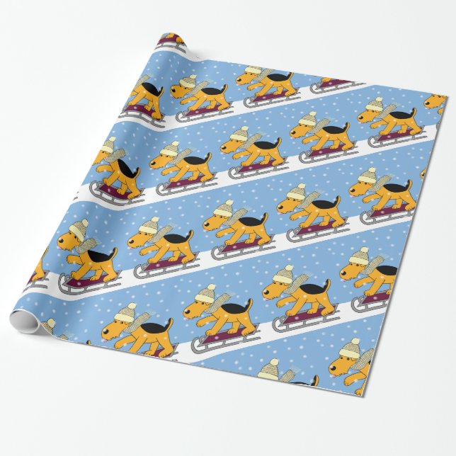 Cute Cartoon Puppy Dog w Sled Wrapping Paper (Unrolled)