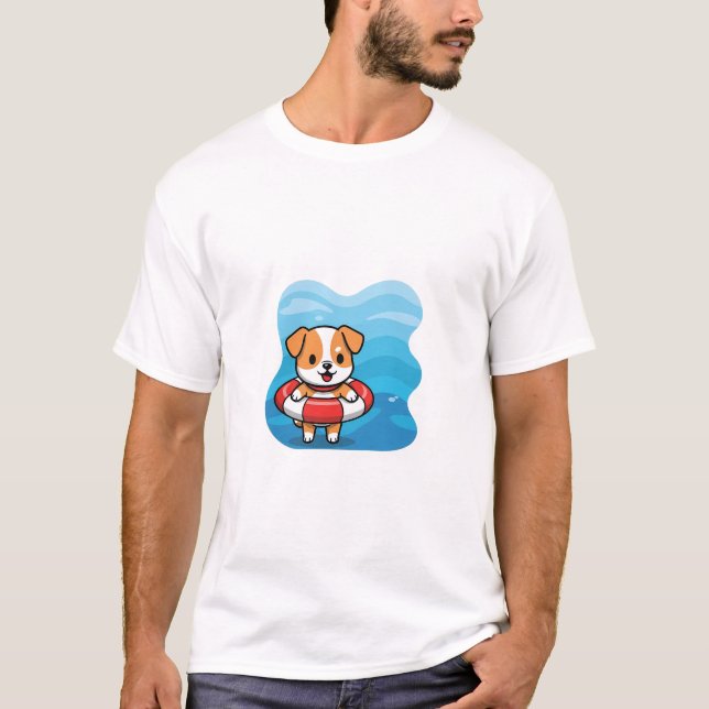 Cute Cartoon Puppy Floating in Lifebuoy T-Shirt (Front)