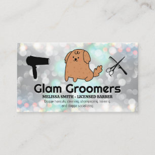 Cute Cartoon Puppy Grooming Tools Glam Bokeh Business Card