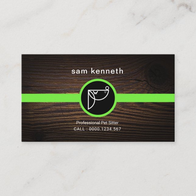 Cute Cartoon Puppy Wood Grain Placard Pet Sitter Business Card (Front)