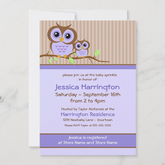Cute Cartoon Purple Owl Baby Sprinkle Invitations (Front)