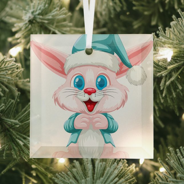 Cute cartoon rabbit  glass tree decoration (The Rabbit is wearing a light blue Winter Hat with white fur!)