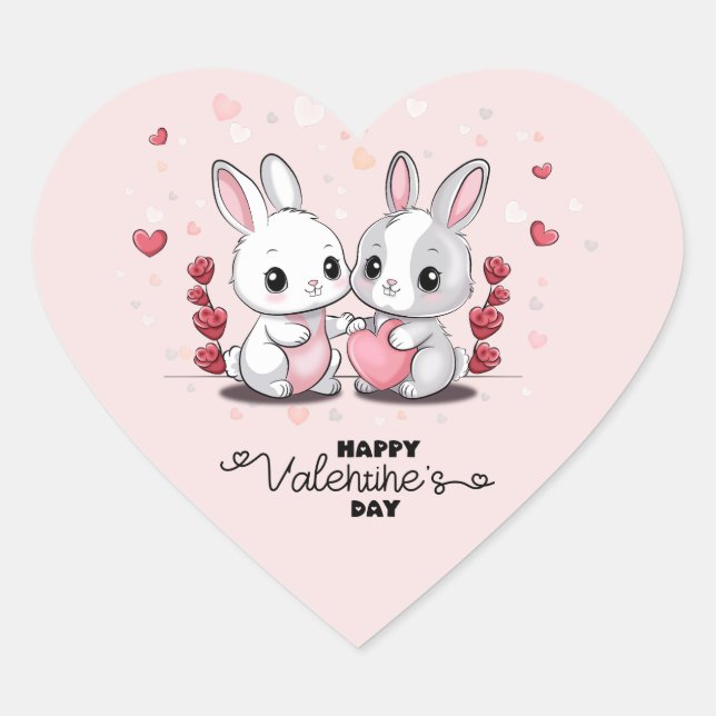 Cute Cartoon Rabbit Lovers Heart Valentine’s Day Heart Sticker (Front)