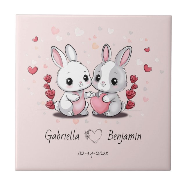 Cute Cartoon Rabbit Lovers Heart Valentine’s Day Tile (Front)