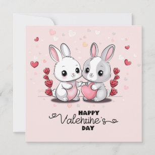 Cute Cartoon Rabbit Lovers Hearts Valentine’s Day Holiday Card