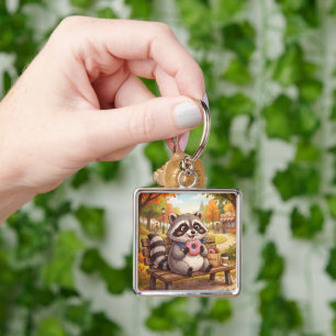 Cute Cartoon Racoon Eating Strawberry Doughnut  Key Ring