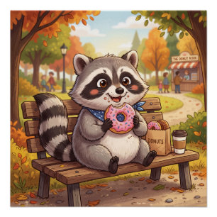 Cute Cartoon Racoon Eating Strawberry Doughnut Poster
