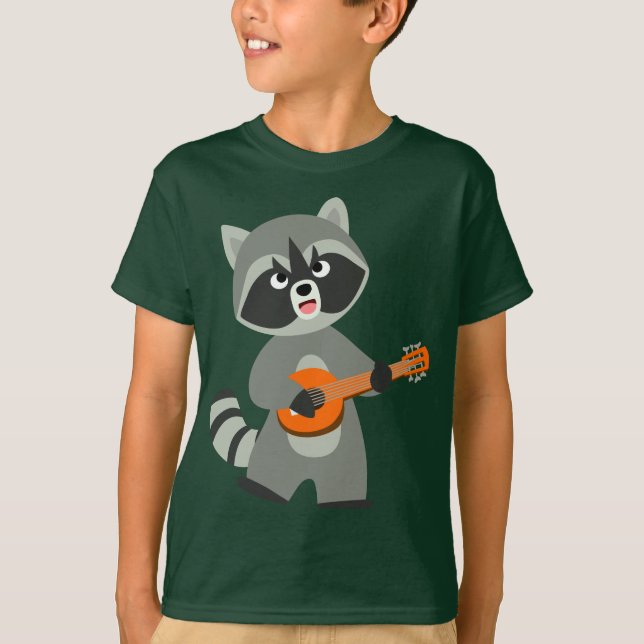 Cute Cartoon Racoon Playing Banjo Kids T-Shirt (Front)