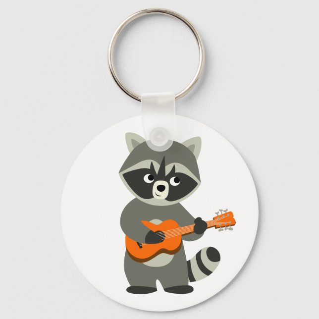 Cute Cartoon Racoon Playing Guitar Key Ring (Front)