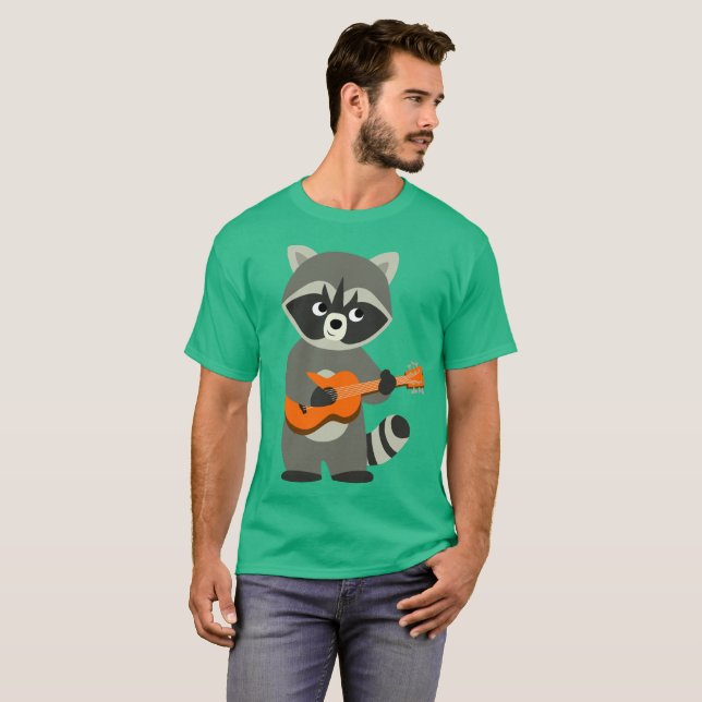 Cute Cartoon Racoon Playing Guitar T-Shirt (Front Full)